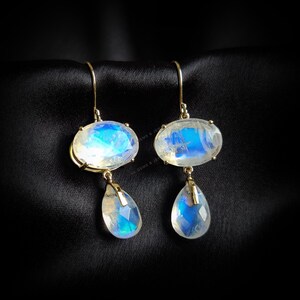 Natural Rainbow Moonstone Earrings, 14K Solid Yellow Gold Earrings, June Birthstone, Prong Earrings, Christmas Present, Moonstone Jewelry