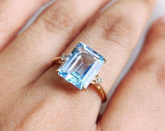 Natural Sky Blue Topaz & Diamond Ring, 14K Solid Yellow Gold December Birthstone