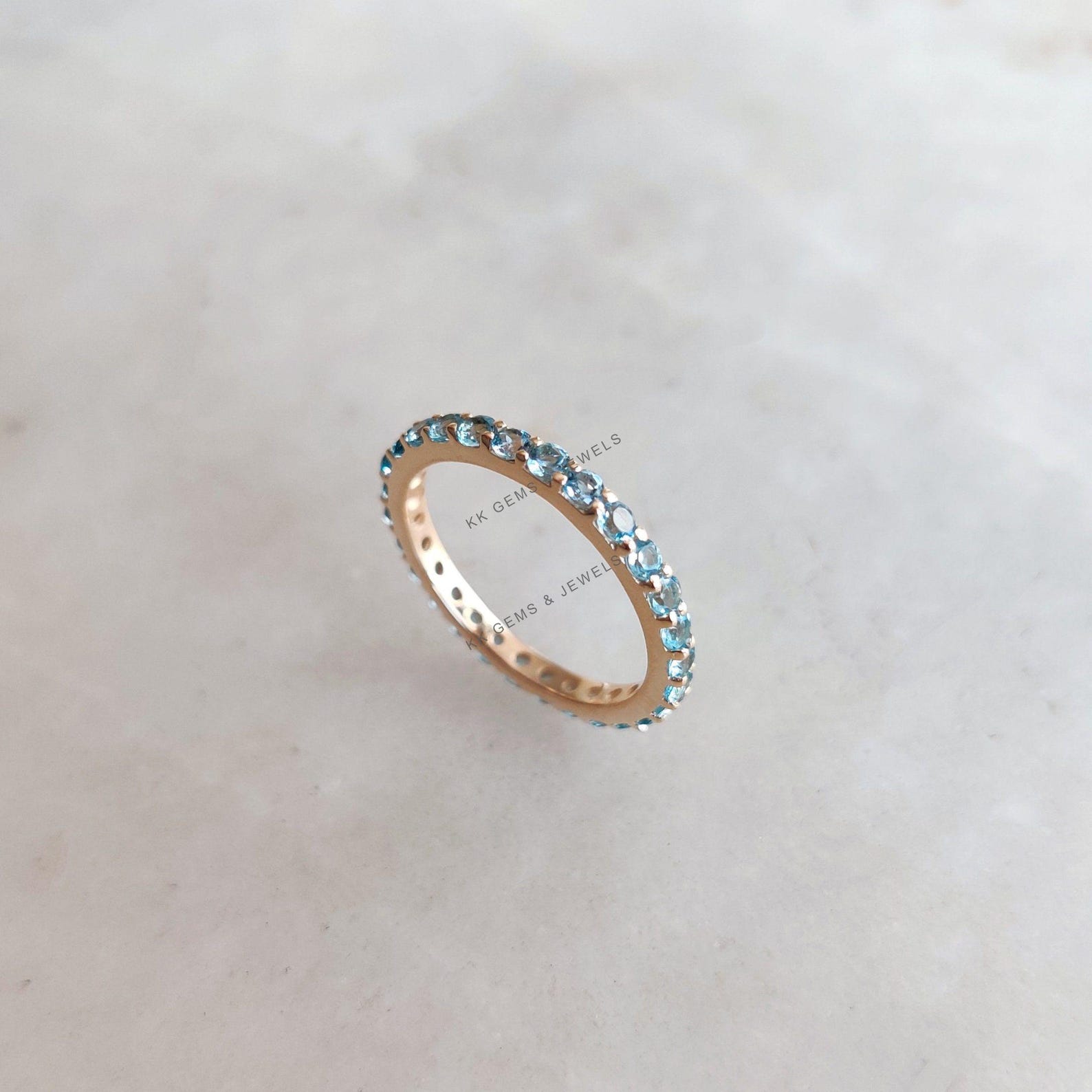 Blue Sapphire Sky Topaz Diamond Flexible Bezel Eternity 18K White Gold Ring Band main image 0