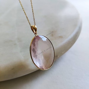 Natural Rose Quartz Pendant, 14K Solid Yellow Gold Quartz Pendant, Bezel Pendant, January Birthstone, Christmas Gift, Rose Quartz Jewelry