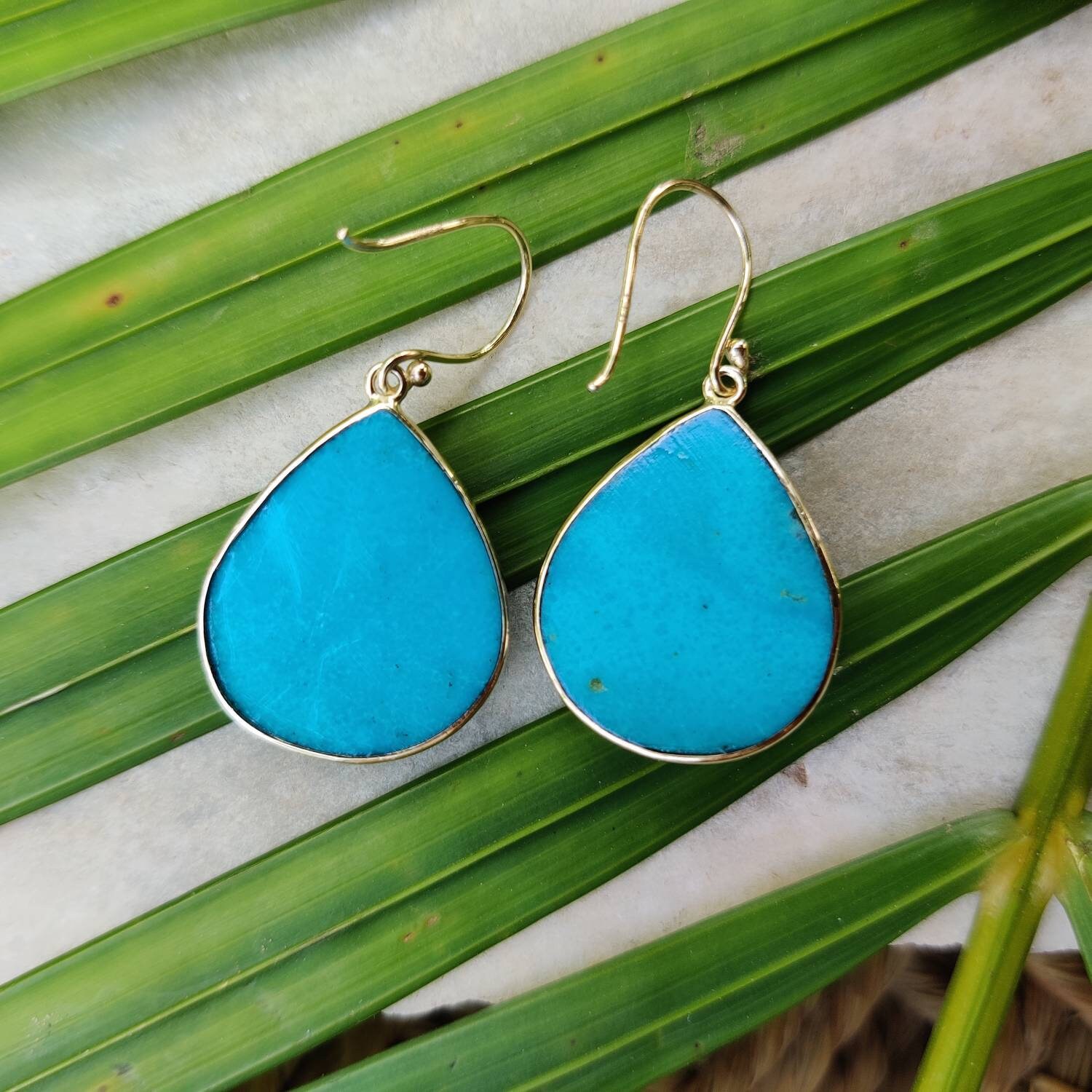 14K Gold Turquoise Earrings Natural Turquoise Bezel Earrings Etsy