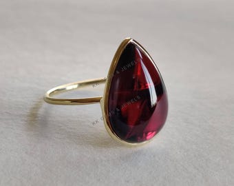 14K Solid Yellow Gold Natural Garnet Ring, Pear Cabochon Bezel, January Birthstone