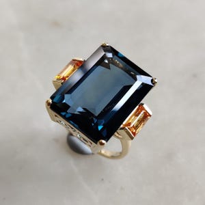 Natural London Blue Topaz & Orange Sapphire Ring, 14K Solid Yellow Gold Ring, Engagement Ring, Sapphire Topaz Jewelry, Christmas Gift
