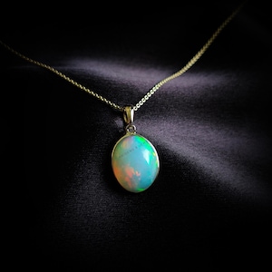 Natural Ethiopion White Opal Pendant, 14K Solid Yellow Gold Opal Pendant, October Birthstone Pendant, Christmas Present, White Opal Jewelry