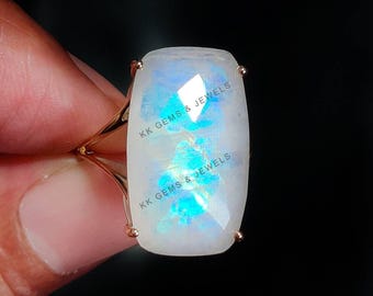 Natural Rainbow Moonstone Ring, 14K Solid Yellow Gold, June Birthstone