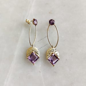 Natural Purple Amethyst Earrings, 14K Solid Yellow Gold Amethyst Earrings, February Birthstone Earrings, Christmas Present, Amethyst Jewelry