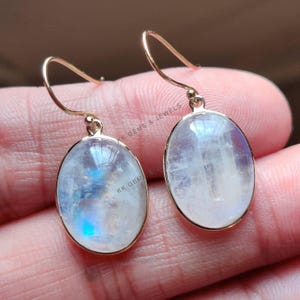 Natural Raionbow Moonstone Earrings, 14K Solid Yellow Gold Moonstone Earrings, June Birthstone Earrings, Bezel Earrings, Oval Earrings