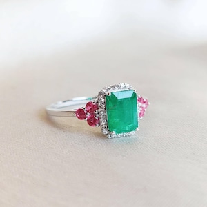 Natural Emerald & Ruby and Diamond Ring, 14K Solid White Gold Ring, Christmas Gift