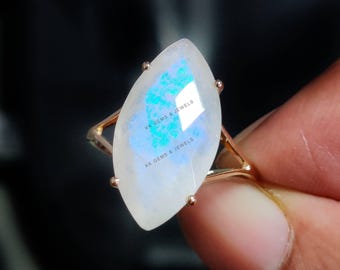 14K Solid Yellow Gold Marquise Natural Rainbow Moonstone Ring, June Birthstone