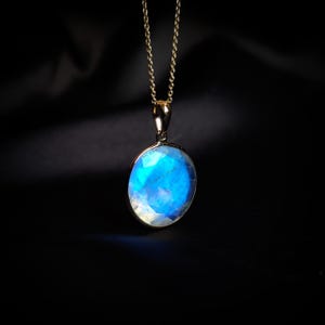 Natürlicher Regenbogen Mondstein Anhänger, 14K Gelbgold Mondstein Anhänger, Blauer Mondstein Schmuck, Juni Birthstone Anhänger, Geburtstagsgeschenk