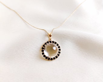 Natural Clear Quartz & Black Onyx Pendant, 14K Solid Yellow Gold Pendant, April and July Birthstone, Christmas Gift, Clear Quartz Jewelry