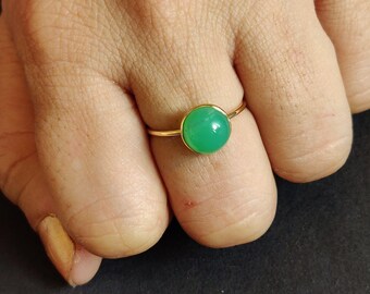 Natural Chrysoprase Ring, 14K Solid Yellow Gold Bezel Ring, May Birthstone