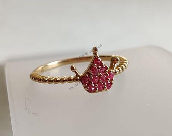 14K Solid Gold Natural Ruby Ring: July Birthstone Crown Ring
