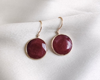 Natural Round Ruby 14K Solid Yellow Gold Bezel Earrings, July Birthstone