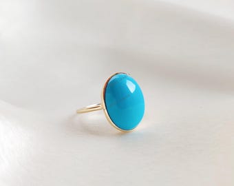 Natural Arizona Turquoise Ring, Oval Cabochon, 14K Solid Yellow Gold, December Birthstone