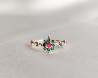 Natural Emerald & Ruby Ring, 14K Solid Yellow Gold, May July Birthstone