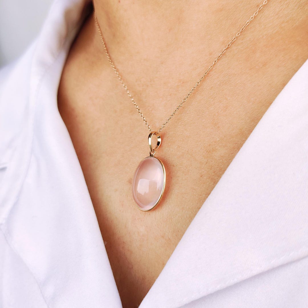 Natural Rose Quartz Pendant, 14K Solid Yellow Gold Rose Quartz Pendant