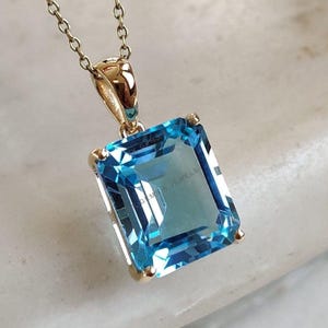 Natural Swiss Blue Topaz Pendant, 14K Solid Yellow Gold Blue Topaz Pendant, Blue Topaz Octagon Pendant, December Birthstone, Christmas Gift