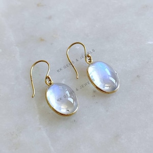Natural Rainbow Moonstone Earrings, 14K Solid Yellow Gold Moonstone Earring, June Birthstone, Drop Earrings, Bezel Earrings, Christmas Gift