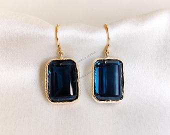 14k Solid Yellow Gold Natural London Blue Topaz Bezel Earrings, Octagon Gemstone