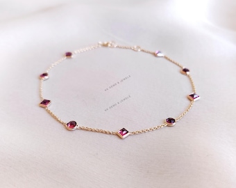 Natural Rhodolite Garnet Bracelet: 14K Solid Yellow Gold, January Birthstone
