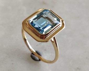 14K Solid Yellow Gold Natural Sky Blue Topaz Ring, December Birthstone