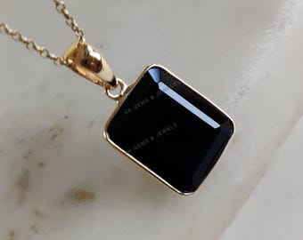Colgante de ónix negro natural, oro amarillo macizo de 14 quilates, piedra de nacimiento de diciembre, colgante con bisel, joyería de ónix, regalo de Navidad