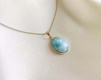 Natural Larimar Pendant, Larimar Pendant Set in 14K Solid Yellow Gold Pendant, March Birthstone Pendant, Oval Pendant, Christmas Gift