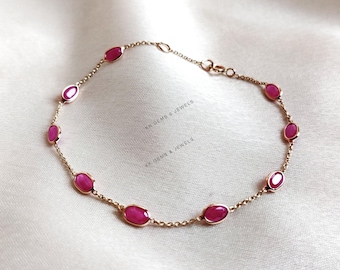 14K Solid Yellow Gold Natural Ruby Bracelet, July Birthstone, Christmas Present