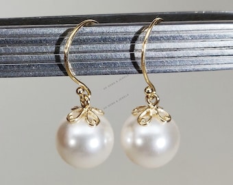 14K Gold Pearl Earrings, Pearl Drops Earring, 14K Solid Yellow Gold Earring, June Birthstone, Dangler Earring, Christmas Gift, Pearl Jewelry
