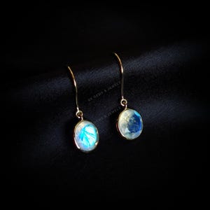 Natural Rainbow Moonstone Earrings, 14K Solid Yellow Gold Moonstone Earrings, June Birthstone, Blue Moonstone Drop Earrings