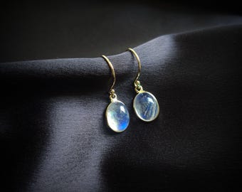 Natural Rainbow Moonstone Earrings, 14K Solid Yellow Gold Moonstone Earrings, Drop Bezel Earrings, June Birthstone, Blue Moonstone Jewelry