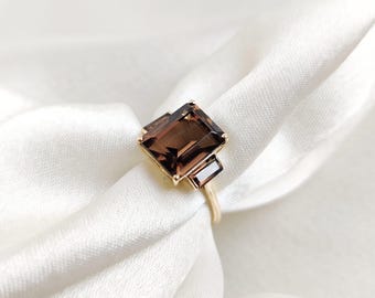 Anillo de cuarzo ahumado natural en oro macizo de 14 quilates, joya llamativa