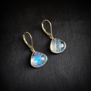 Natural Rainbow Moonstone Earrings, 14K Solid Yellow Gold Earrings, June Birthstone, Bezel Earrings, Moonstone Jewelry, Anniversary Present