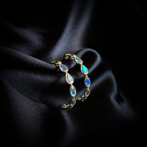 Natural Rainbow Moonstone Hoop Earrings, Solid Yellow Gold Moonstone Earrings, June Birthstone, Dainty Moonstone Earrings, Birthday Present