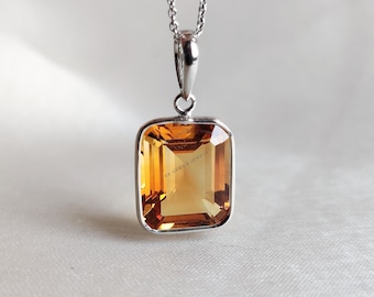 Natural Citrine Pendant: 14K Solid White Gold Pendant, November Birthstone