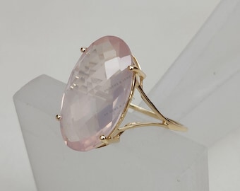 Natural Rose Quartz 14K Solid Gold Ring, Oval Briolette Gemstone