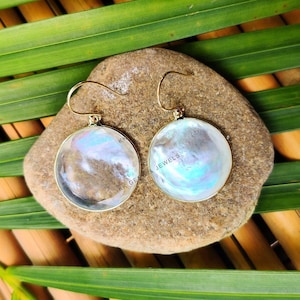 Natural Mother of Pearl and Crystal Earrings, 14K Solid Yellow Gold Earrings, Bezel Earrings, June Birthstone, Christmas Gift, Mop Jewelry