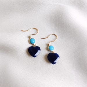 Natural Turquoise & Blue Sapphire Earrings, 14K Solid Yellow Gold Earrings, Sep Dec Birthstone, Christmas Gift, Turquoise Sapphire Jewelry