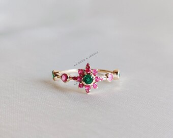 14K Solid Gold Natural Ruby & Emerald Ring, Dainty Birthstone Ring, Christmas Gift