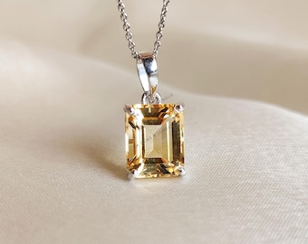 Natural Citrine Pendant, 14K Solid White Gold Emerald Cut, November Birthstone