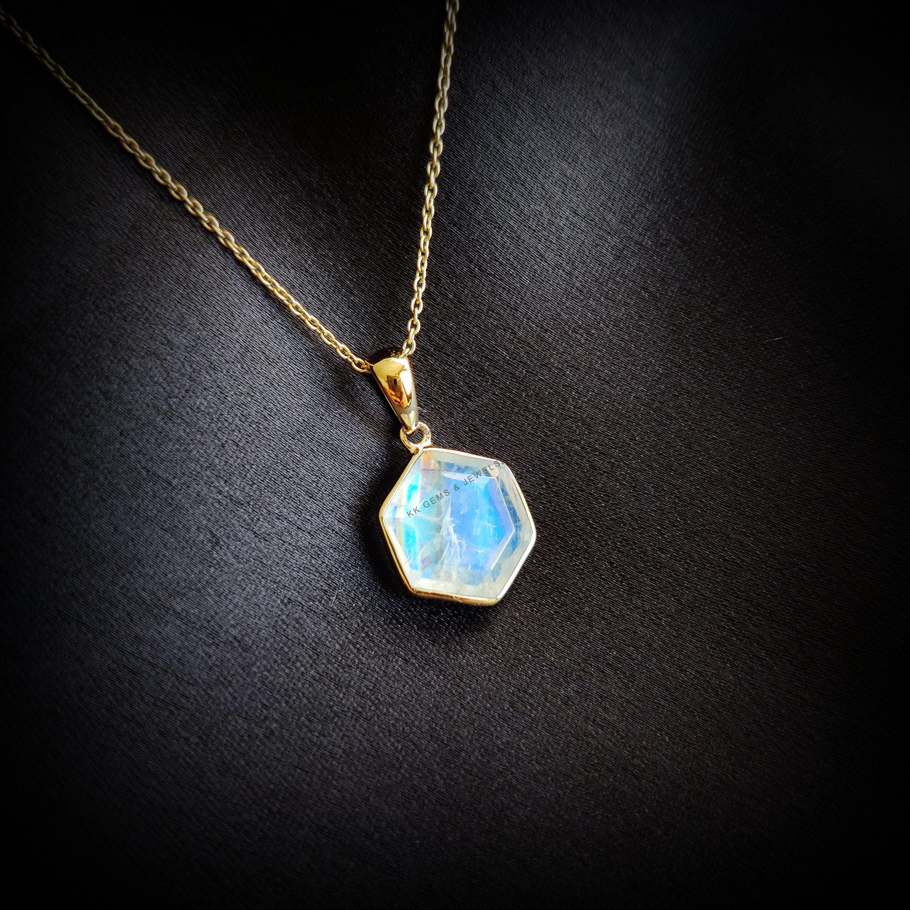 Natural Rainbow Moonstone Pendant, 14K Solid Yellow Gold Moonstone Pendant, Blue Moonstone Jewelry, June Birthstone, Anniversary Present