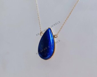 14K Solid Yellow Gold Natural Lapis Lazuli Pear Chain Necklace, September Birthstone