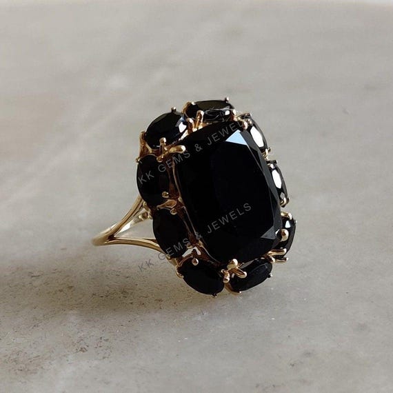 Natural Black Onyx Ring, 14K Solid Yellow Gold Black Spinel