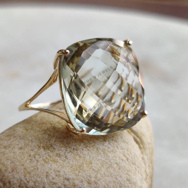 14K Solid Gold Natural Green Amethyst Ring, Square Cushion Ring, February Birthstone