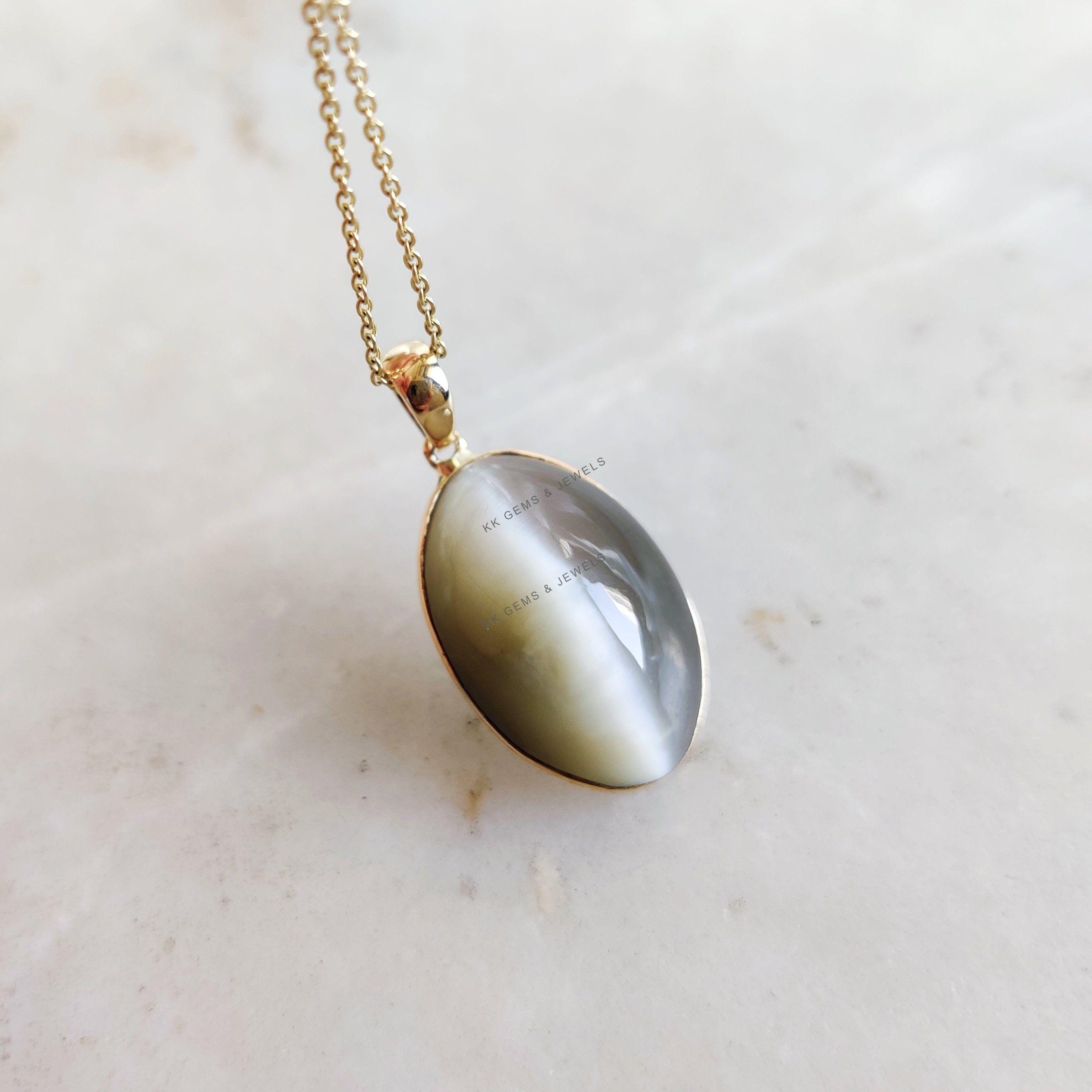 Natural Cat's Eye Pendant, 14K Solid Yellow Gold Cats Eye