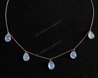 Natural Rainbow Moonstone 14K Solid Yellow Gold Necklace, June Birthstone