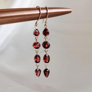 Natural Garnet Earrings, 14K Solid Yellow Gold Garnet Earring, January Birthstone, Dainty Drop Earring, Christmas Present, Garnet Jewelry