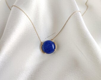 14K Solid Gold Natural Lapis Lazuli Pendant Necklace, September Birthstone