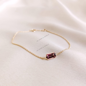 Natural Pink Tourmaline Bracelet, 14K Solid Yellow Gold Multi Tourmaline Bracelet, Dainty Tourmaline Baguette Bracelet, October Birthstone